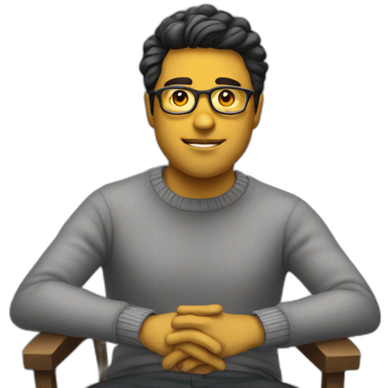 White man with yellow tinted glasses and black hair in a gray jumper and sitting on a chair emoji