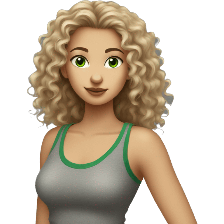 girl with dirty blonde curly hair and green eyes with a grey tank top on and a cat emoji