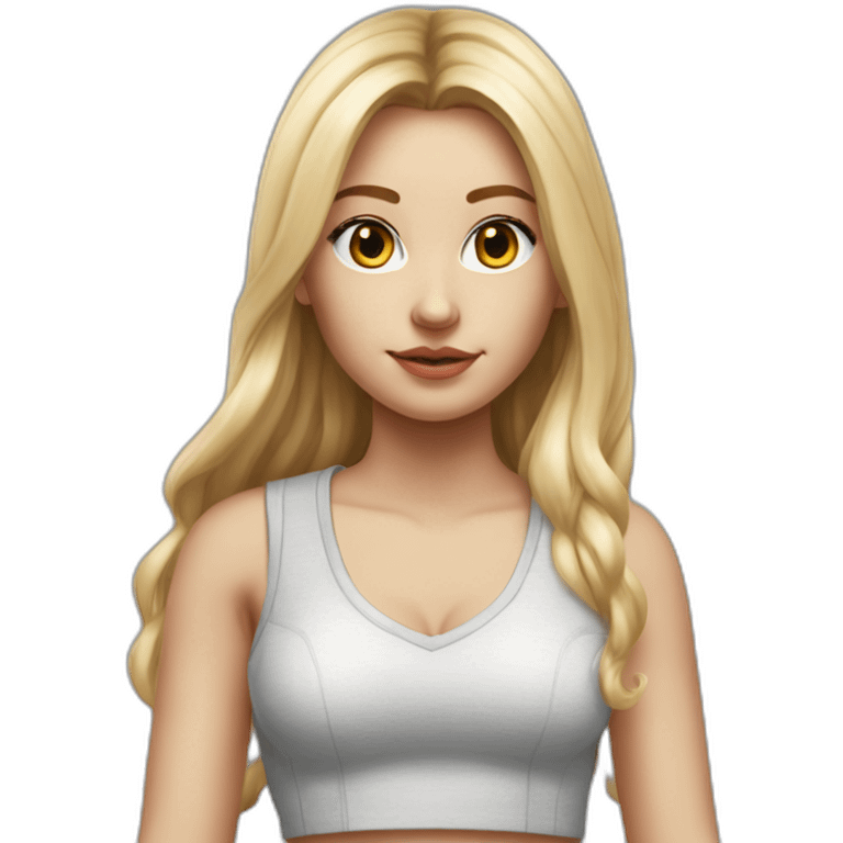 hyperrealist caucasian girl, long straight blonde hair, white v-neck laced crop top, grey tight micro skirt emoji