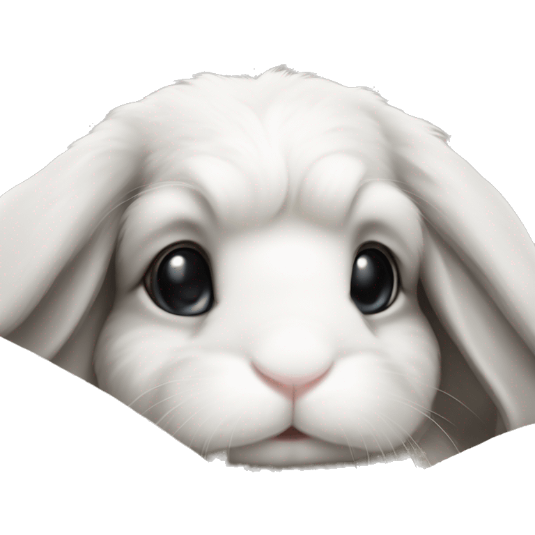 White mini lop with grey nose in a cozy blanket emoji