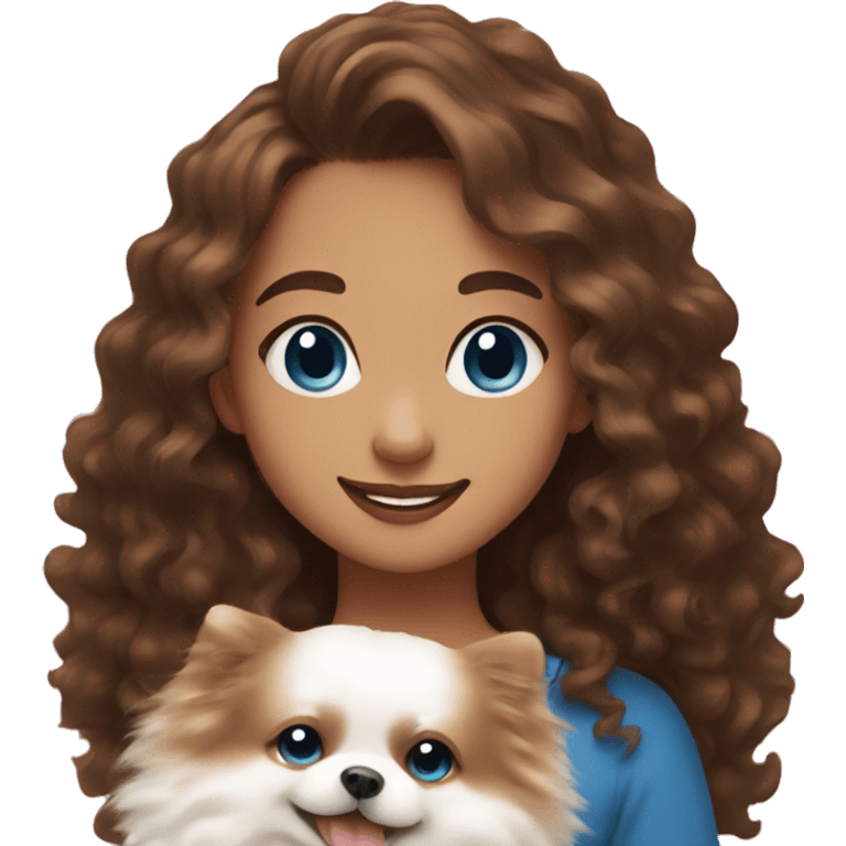 Girl long curly brown hair smiling and blue eyes and holding a white pomeranian in her arms emoji