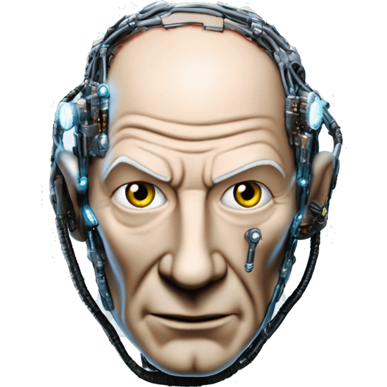 Jean luc picard from Star Trek assimilated by the Borg, with mechanical metal covering only the left side of his face, with wires and a red light on the left side. Both his eyes are unobstructed and are human blue eyes. emoji