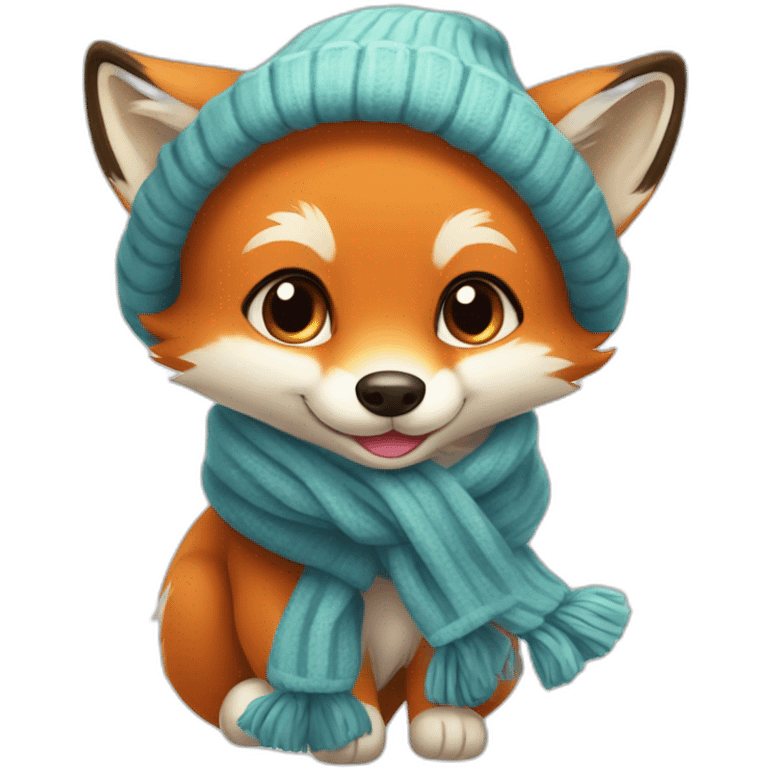 A cute little charming fox cub in a winter hat and scarf shows his tongue emoji