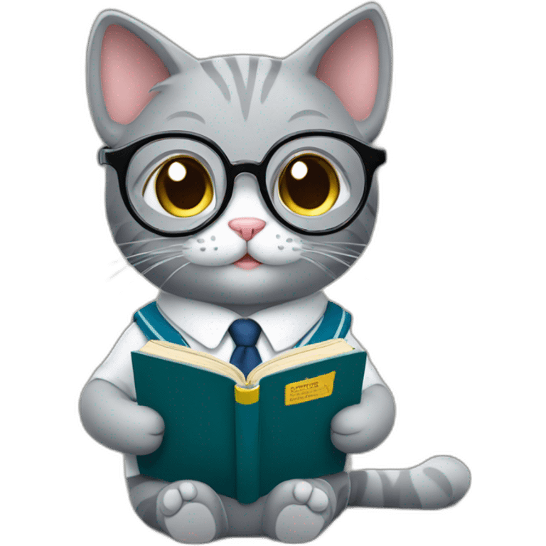 Cute grey cat in school uniform and glasses reading a book emoji