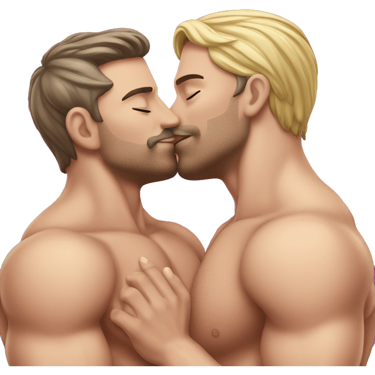 Caucasian Muscular gay men kissing wearing bikini emoji