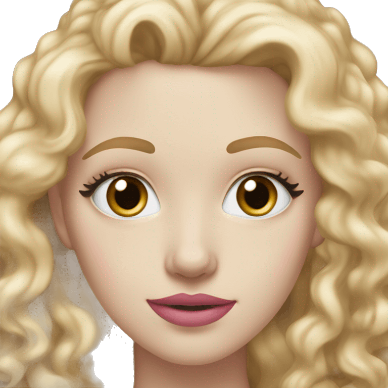 Pale white 25 year old woman with blue eyes, long blonde and curly hair, light brown eyebrows and pink lips emoji