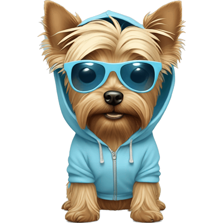 Yorkshire terrier dog with a pastel blue hoodie and pastel blue sunglasses emoji