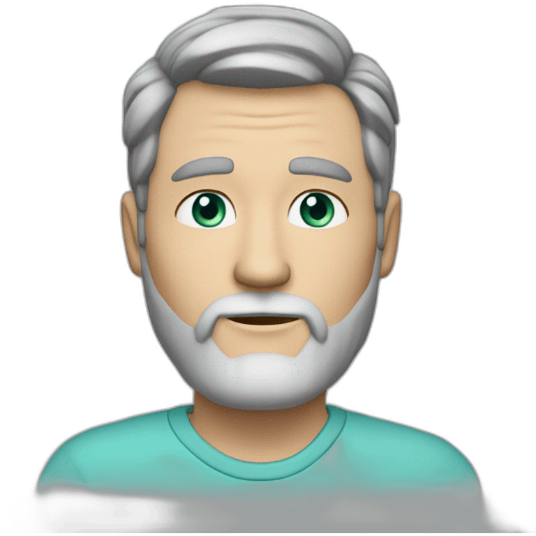 middle-aged white man with beard and black hair with graying. hairstyle with a part on the right side and some upward bangs. greenish blue eyes emoji