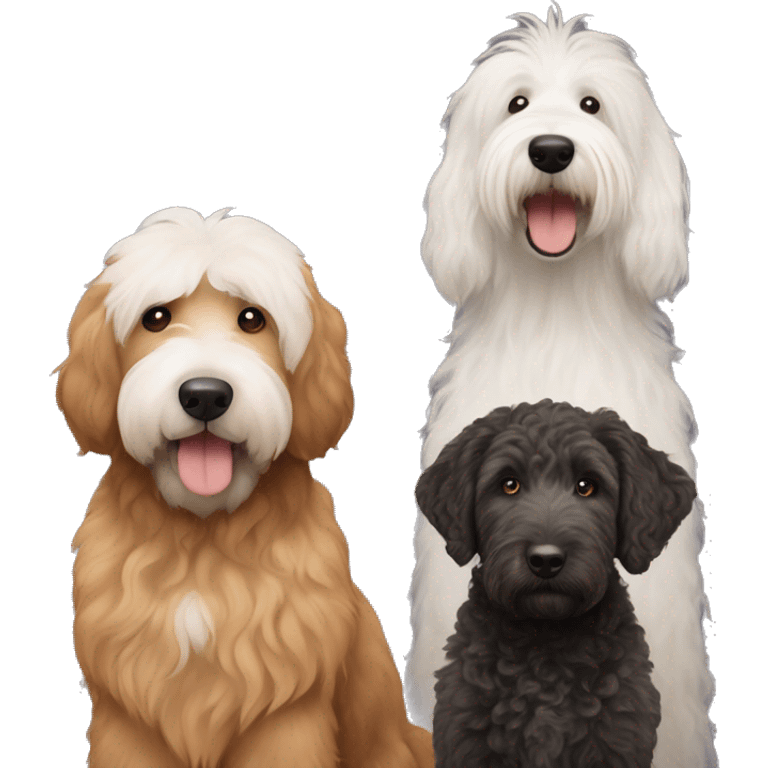 Two black golden doodles, a brown golden doodle, and a old English sheepdog together emoji