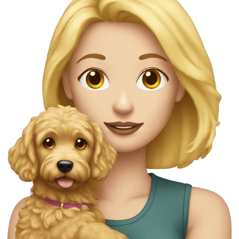 Blonde woman holding a mini golden doodle emoji