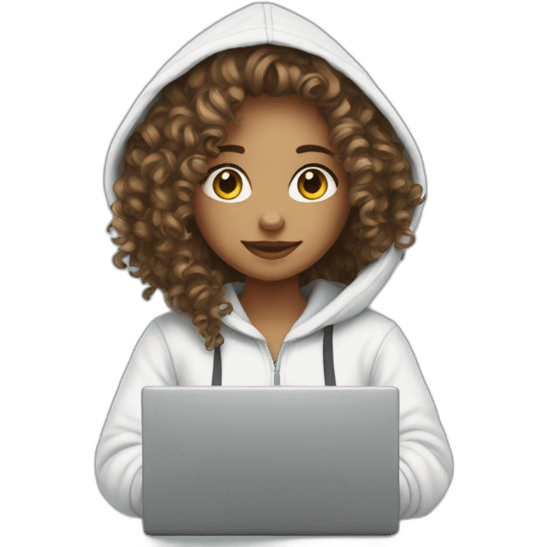 a white tenage curly girl wearing a hoodie working on a laptop emoji