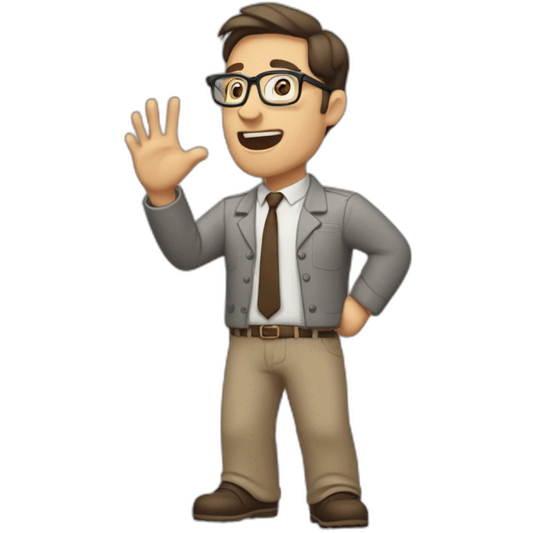 To belt Actively gesturing with hands 👌 Pale skinned fit man with dark brown hair in gray jacket, beige office shirt, brown tie, brown pants and vintage glasses. emoji