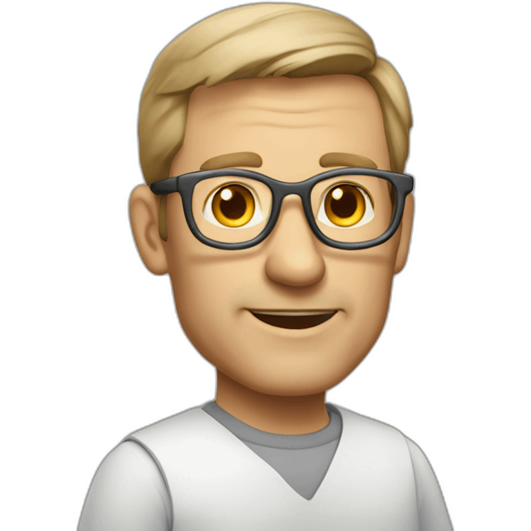 46-year-old white Dutch man with Grey glasses, light brown hair and a white blouse with small chairs on it emoji