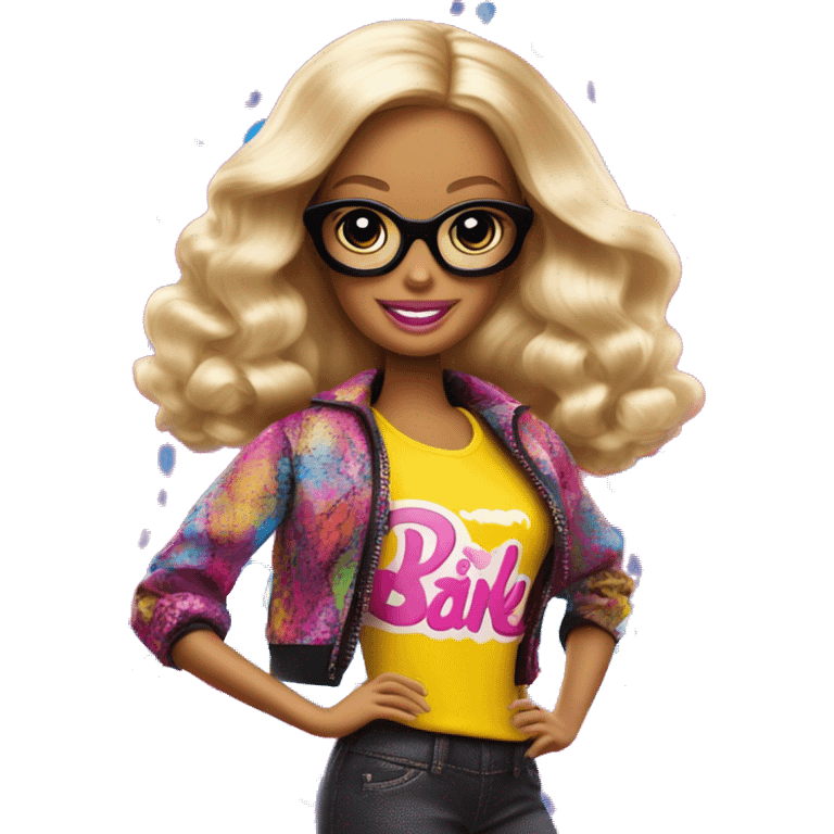 An image of a Barbie doll wearing a stylish outfit with the word 'Barbie' written across the clothing, set in a fun, vibrant background emoji