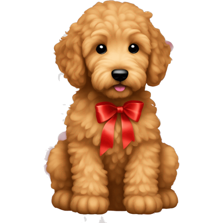 Ginger golden doodle. Baby. Full body sitting down. Red ribbon  emoji