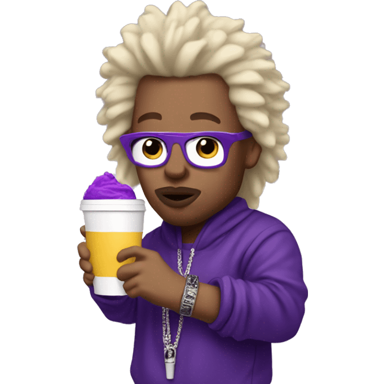 white rapper with blonde fluffy hair  sipping purple drink in white cup emoji