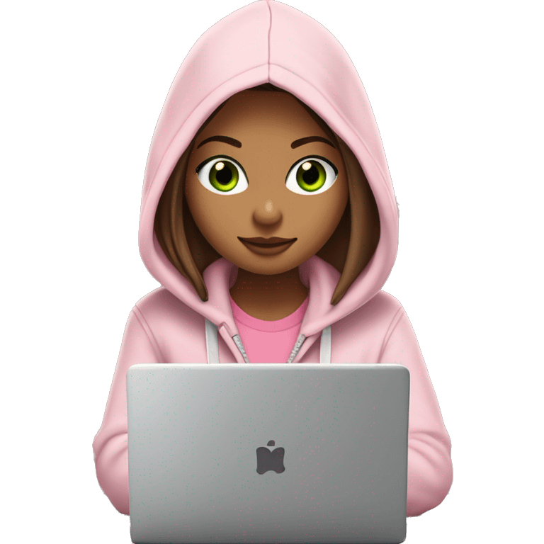 a girl with brown long hair, fair skin, green eyes, is working relaxed at a modern laptop in a monochrome pale pink zip hoodie with a hood and a pink monochrome T-shirt emoji