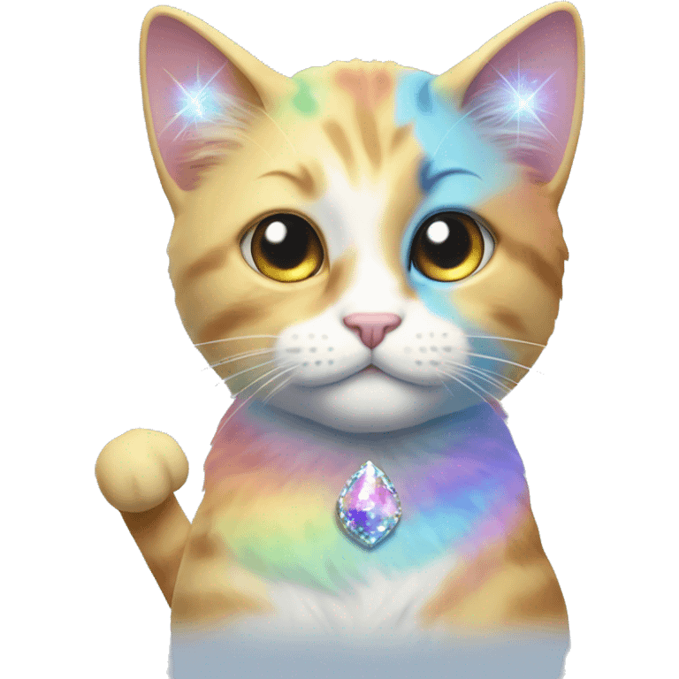 Rainbow pastel cat with a left eye, golden and the right eye blue with a sparkly grey horn emoji