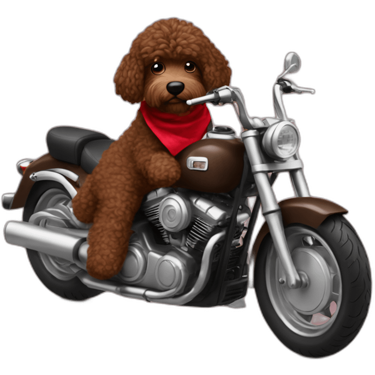 A chocolate brown doodle with curly fur wearing a red and black handkerchief riding a motorcycle emoji