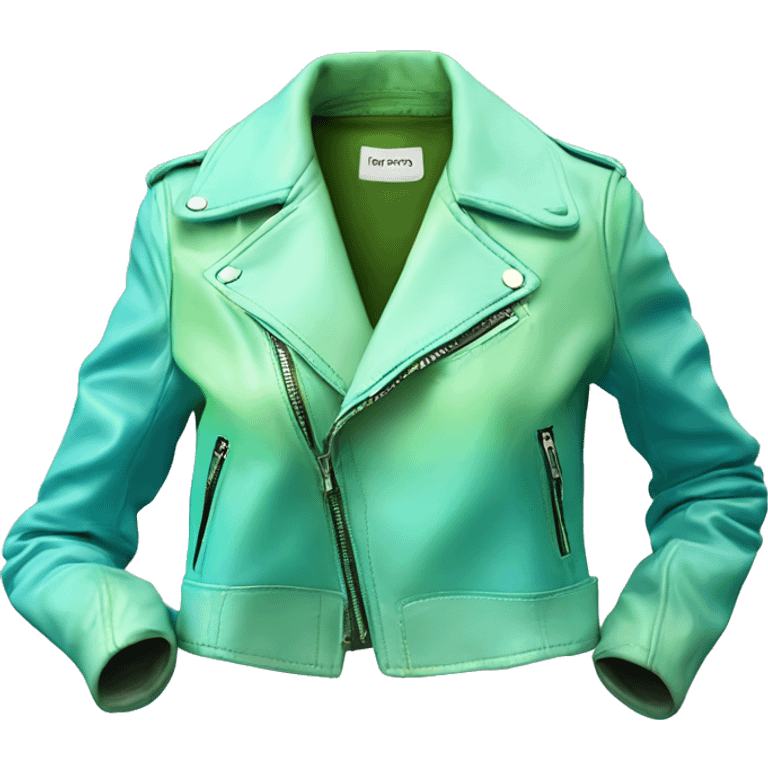 Hyper Realistic side view of an open tiffany blue ,pistachio green,sky blue and mint green ombre feminine fashion leather jacket. emoji