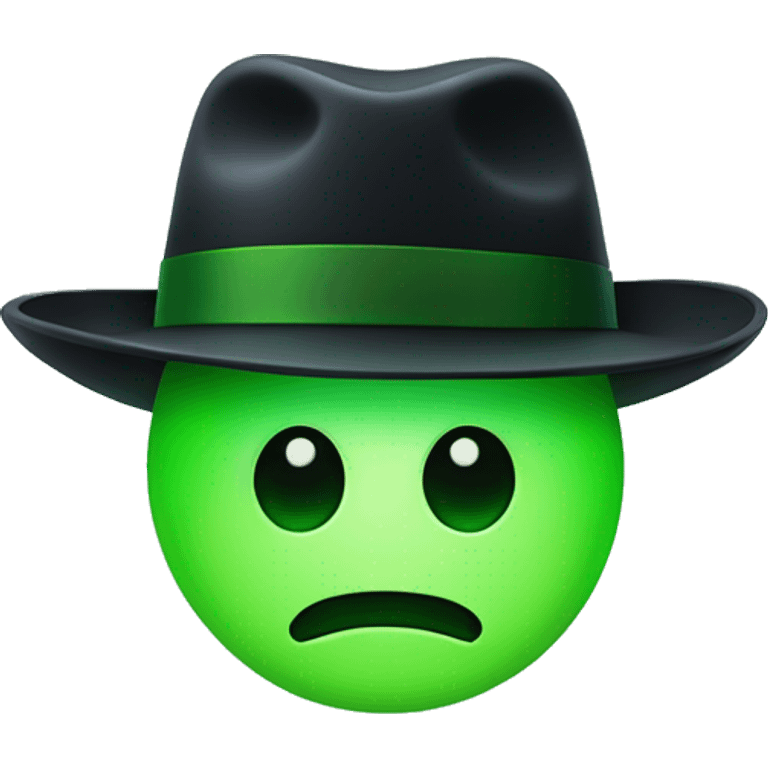 flushed emoji with a green glowing face, wearing a black fedora hat emoji