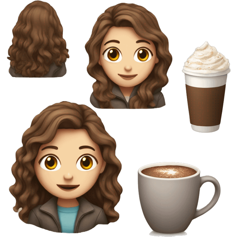 white girl with brown long hair and a hot chocolate emoji