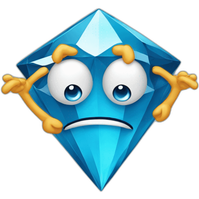 A blue diamond with a face, arms and legs doing something random and with a sad face emoji