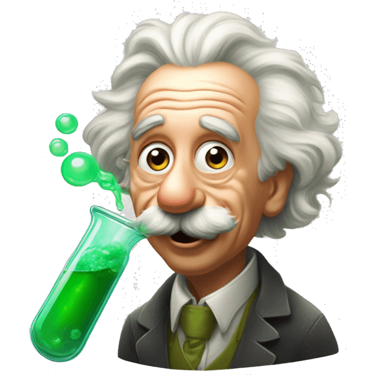 Albert Einstein tongue out.He next a with conical flask next to him with bubble green liquid inside that is smoking.The art style is in Pixar style emoji