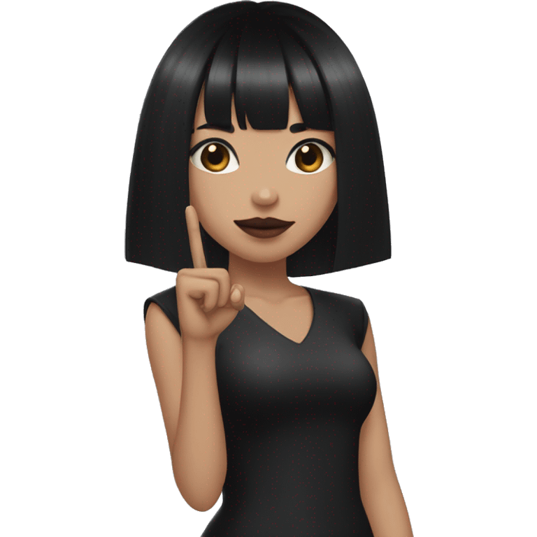 Goth girl with v shaped bangs, black hair of medium length, brown eyes, holding up a middle finger   emoji