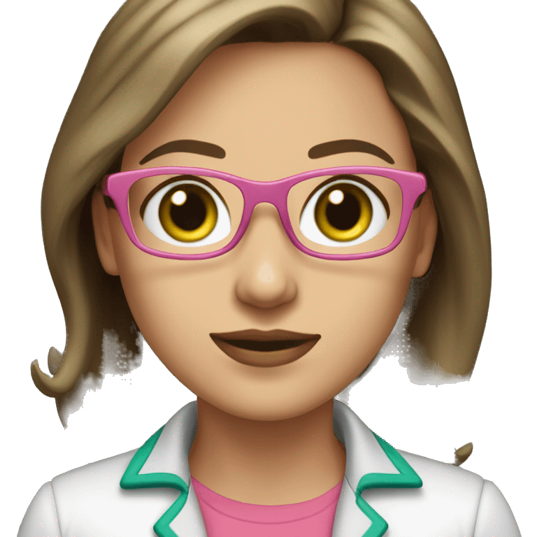 Female coding teacher featuring a laptop. She has long brunette hair, green eyes, white skin, teal eye glasses, rose lips, and a pink feminine shirt emoji