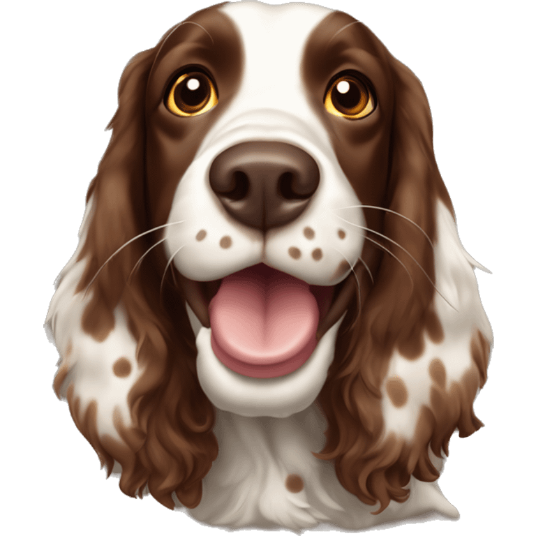 happy brown Springer spaniel with brown spots, mouth open and a small, thin blaze emoji