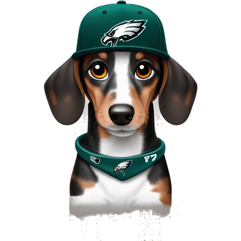 Miniature Merle Medium Light Tri Brown Spotted Dachshund wearing Philadelphia Eagles Hat with C on Jersey emoji