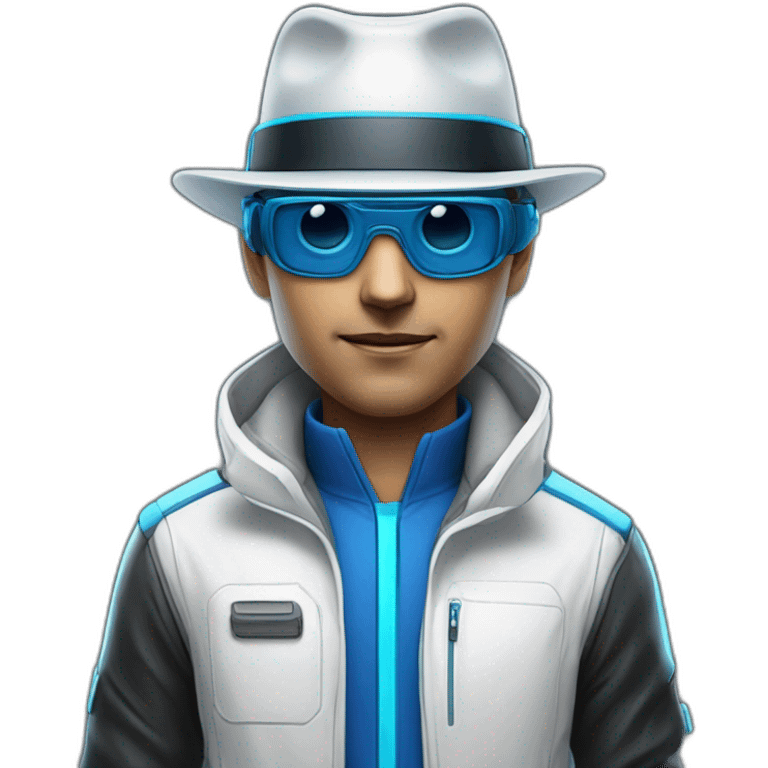 white man with blue/black high tech gear on face and with fedora hat with fast sci-fi glasses emoji