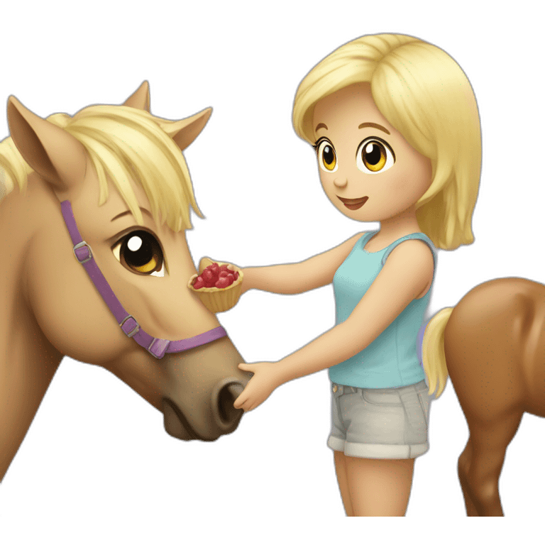 cute blonde girl giving food to a pony emoji