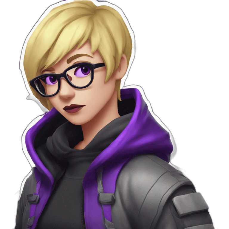 Girl blond artist with round glasses left side behind his laptop with this style: valorant riot Game purple character purple black hooded hacker themed character emoji