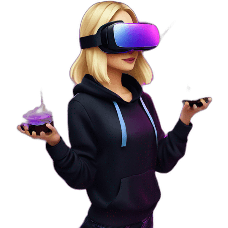 Russian blondy girl celebrating her birthday wearing a black hoodie and VR headset in a cyberpunk VR environment with violet neon lighting emoji