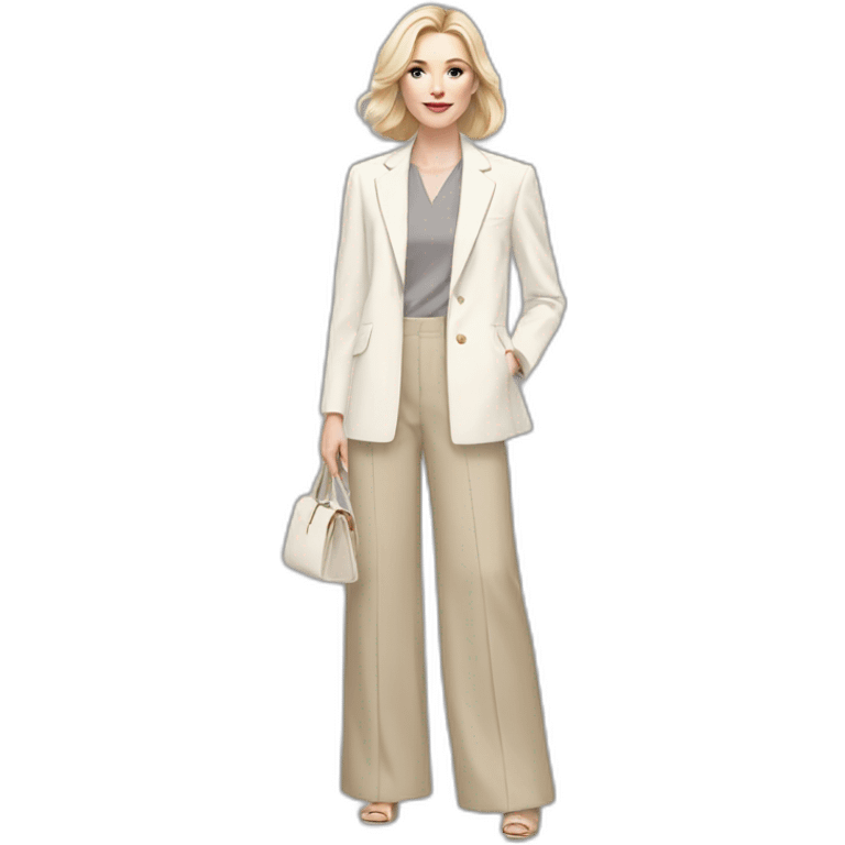 pale skin woman with ash blonde Straightened bob Hair, White Spacious classical jacket, beige palazzo Arrow pants and gray blouse holding a color palettes in the hands emoji