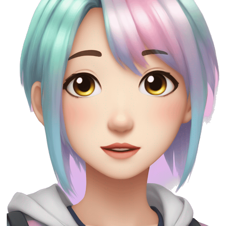 Gorgeous anime style tomboy with blushing face aesthetic and pretty colorful shiny gradient pastel hair trending style emoji