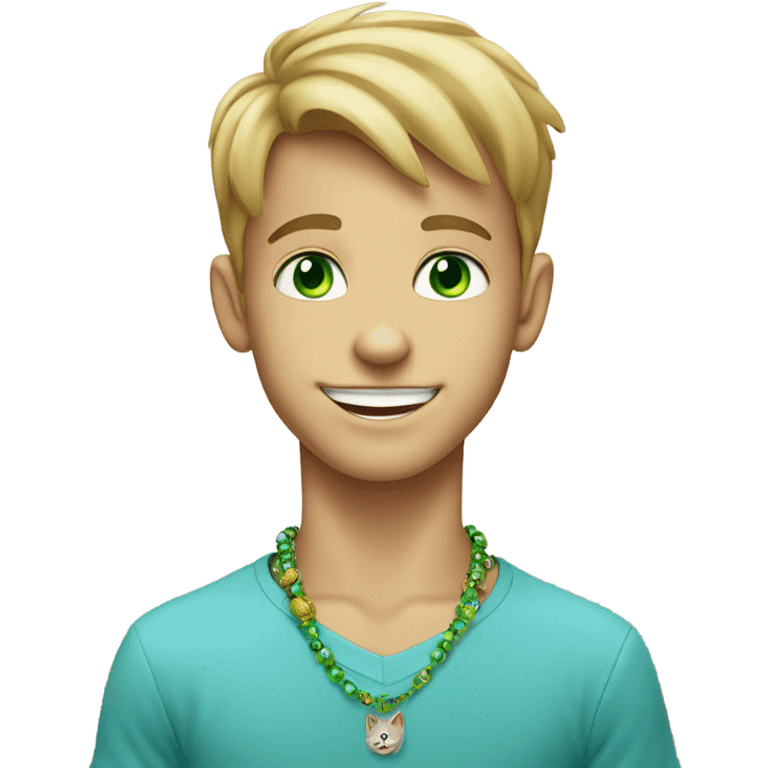 smiling blue eyed boy with green eyed cat jewelry emoji