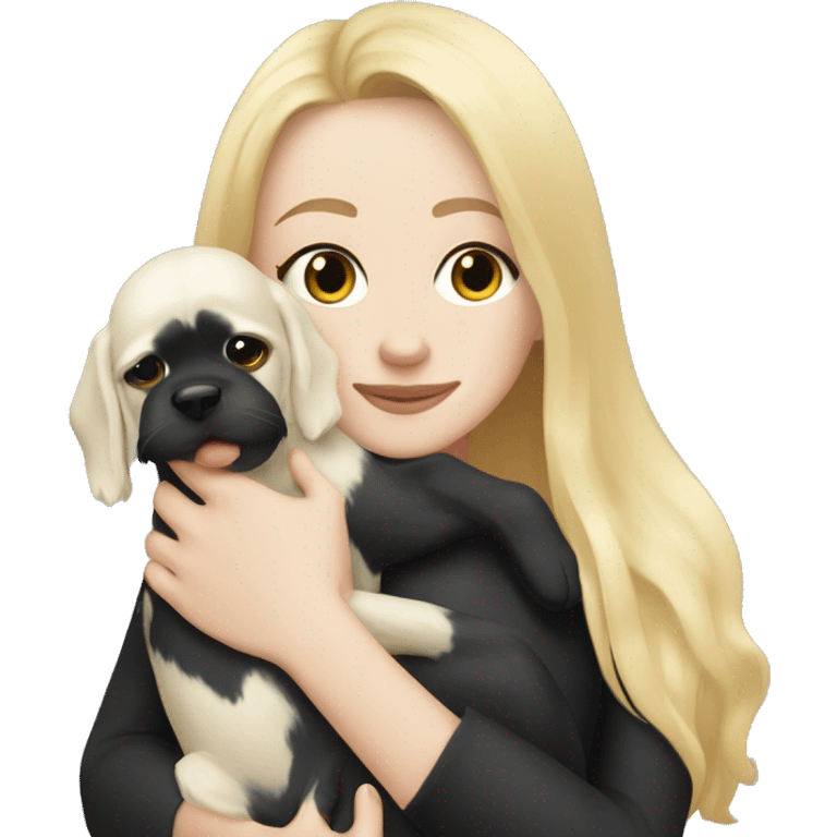 pretty woman with pale skin, very long blonde hair hugging a black dog emoji