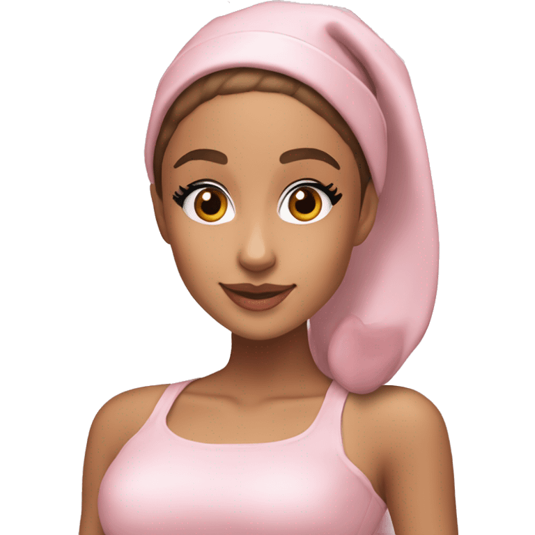 Ariana grande in a light pink christmas outfit wearing a light pink christmas hat emoji