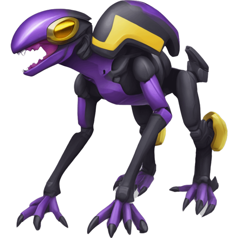 a shiny black-purple-yellow Genesect-Raptor-Fakémon—hybrid with a futuristic visor-helmet full bod emoji