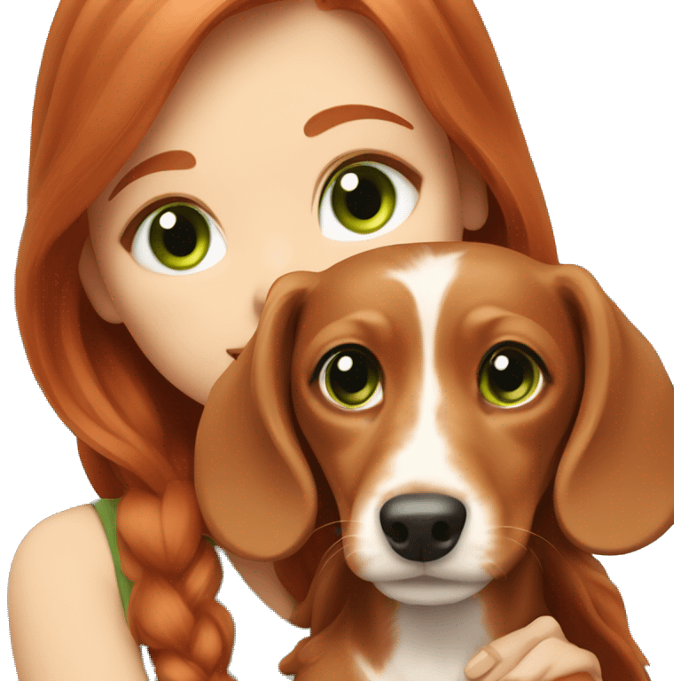 red head women green eyes with her light cream longhair puppy dachshund emoji