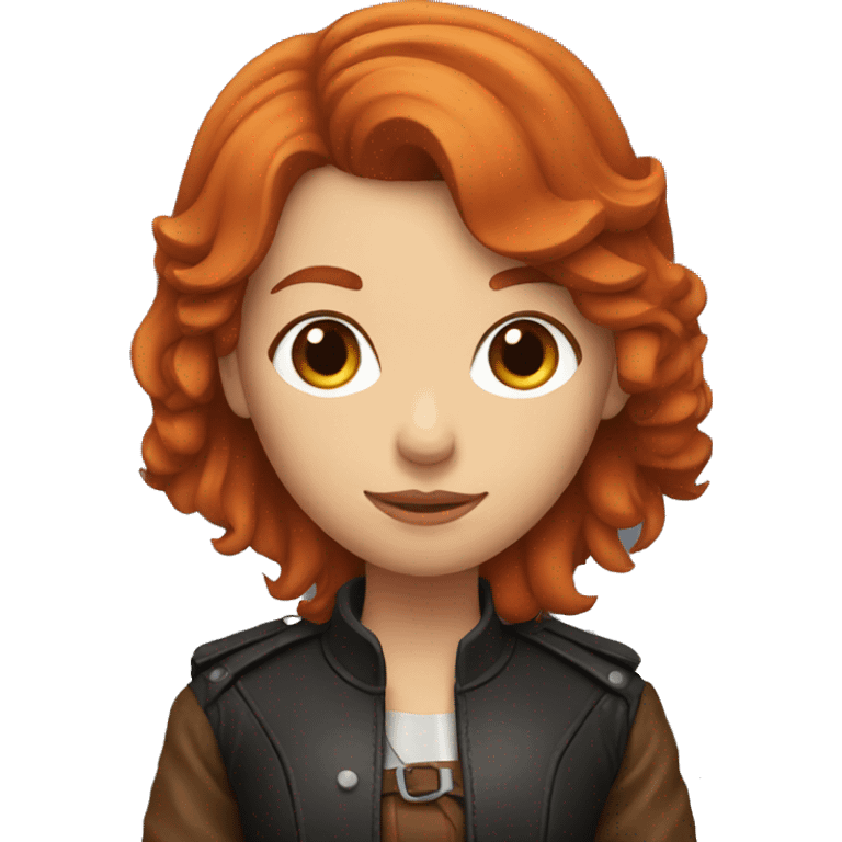 red-haired girl in leather holding a Cavalier emoji