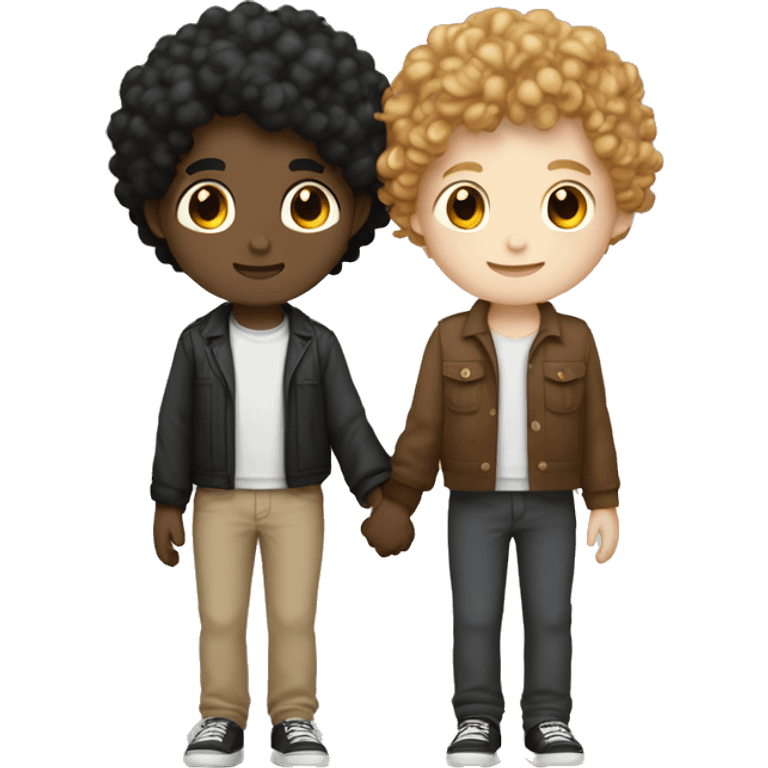 two boys holding hands one white skin brown curly hair jaw length othe white skin black short hair slightly longer on top emoji