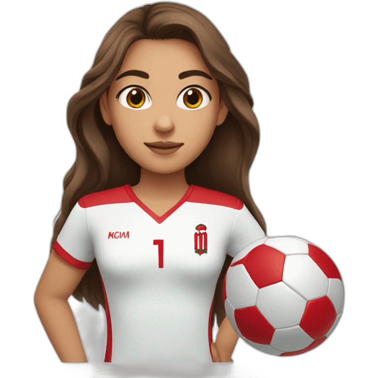 A girl with long brown hair ,with Brown eyes and football shirt of Morocco emoji