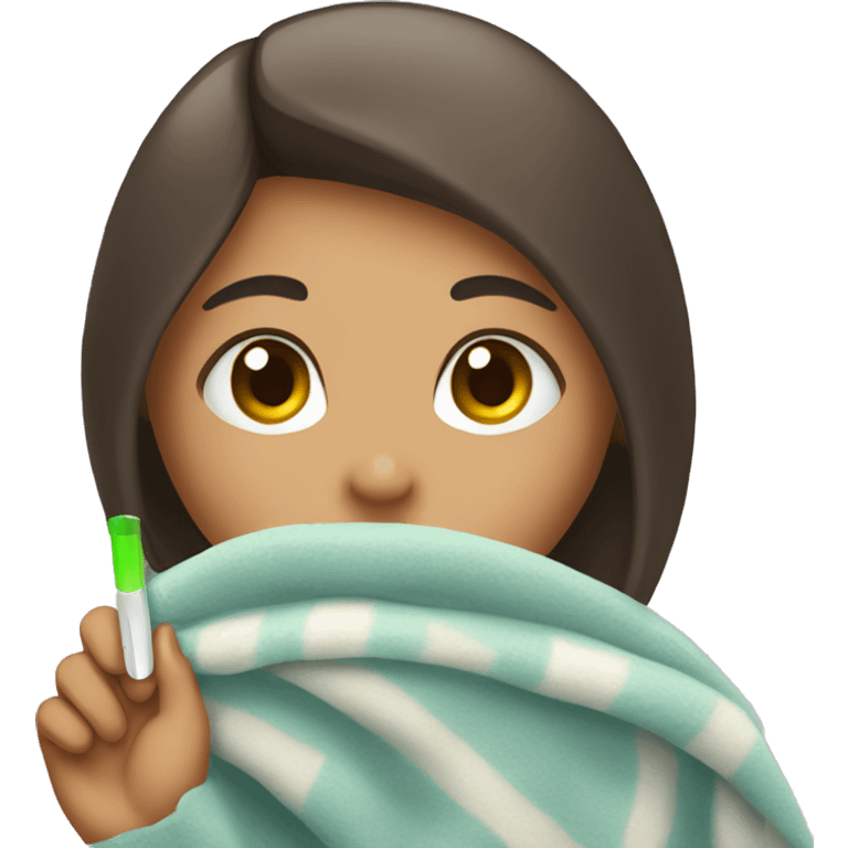 A girl who doesn’t feel good with a thermometer and a blanket emoji