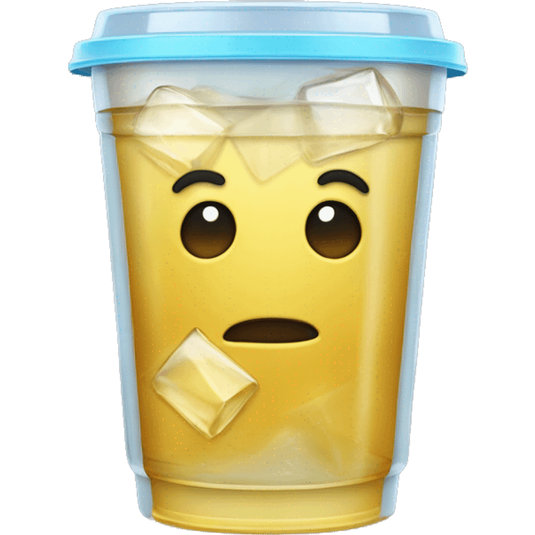 Realistic see-through plastic cup with lid and half full water with straw and has large ice cubes inside emoji