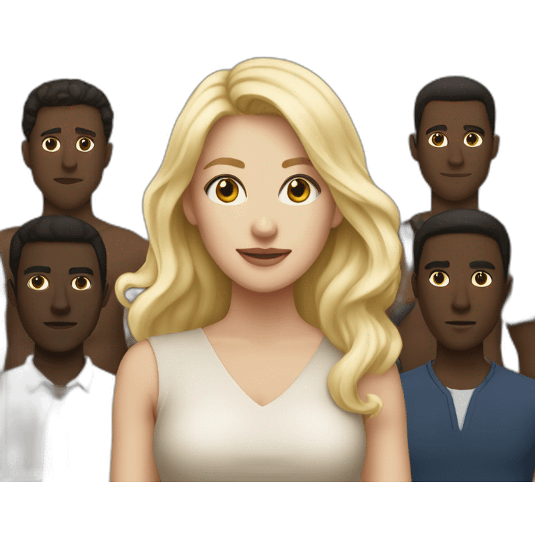 six dark-skinned men stand behind a pale blonde woman emoji