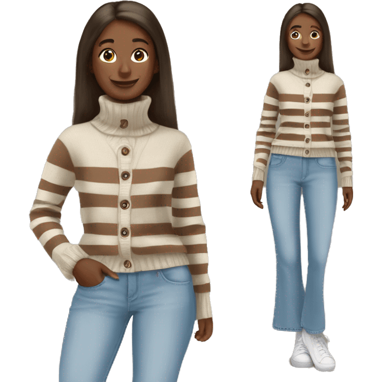 white cardigan on brown turtle neck sweater with brown white cream stripes and a flared light blue jeans emoji